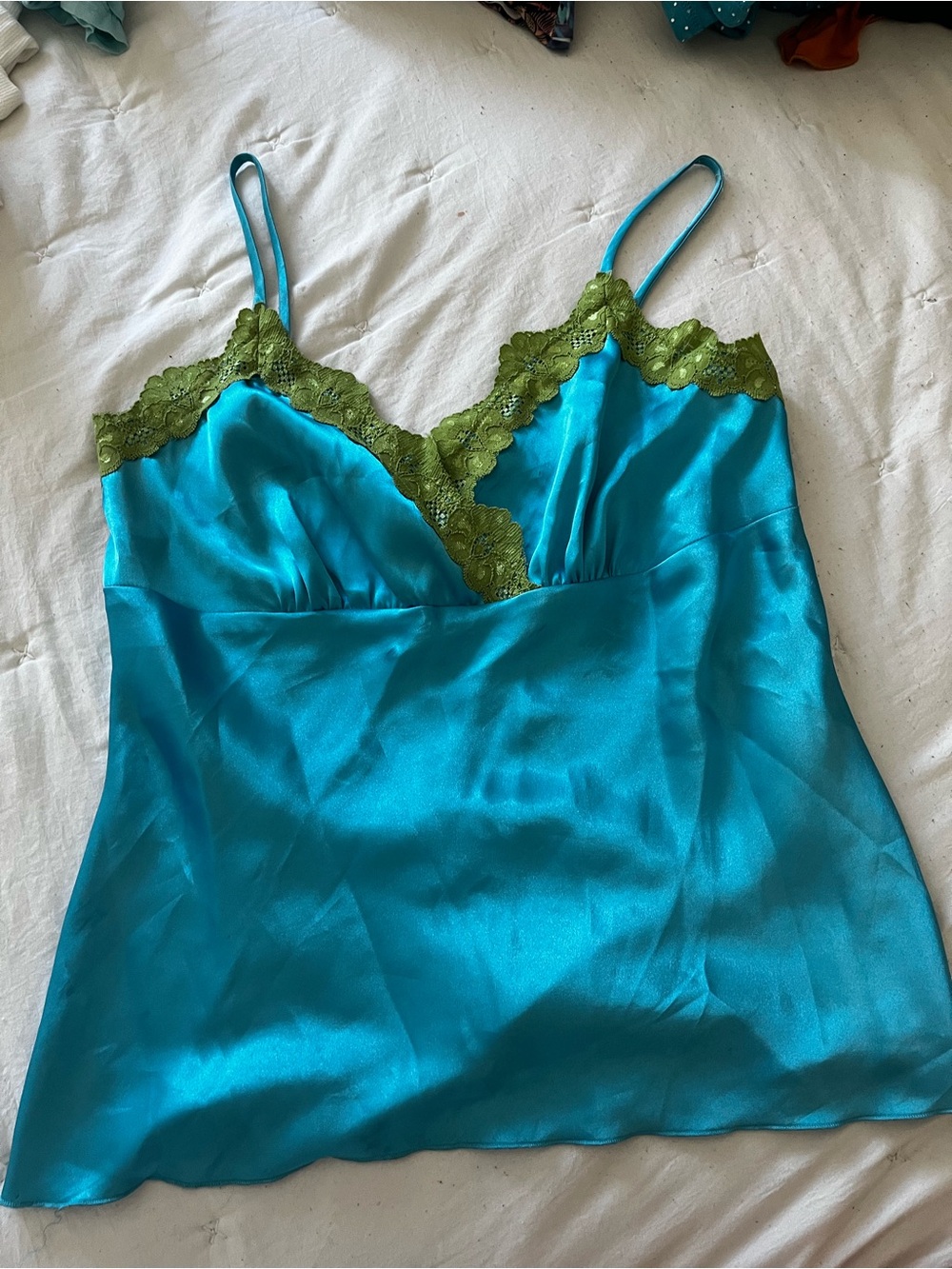 Studio Y Teal Satin Chemise with Olive Lace